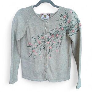 Vintage Tiara knit Green & pink floral embroidered cardigan size PS